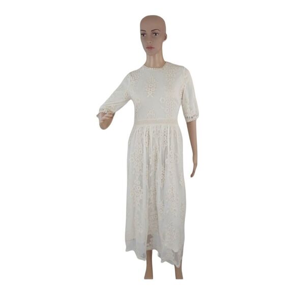HIDDEN ALLEN Women's Ivory Embroidered Lace Short Sleeve Midi Dress Size Medium - Picture 1 of 15